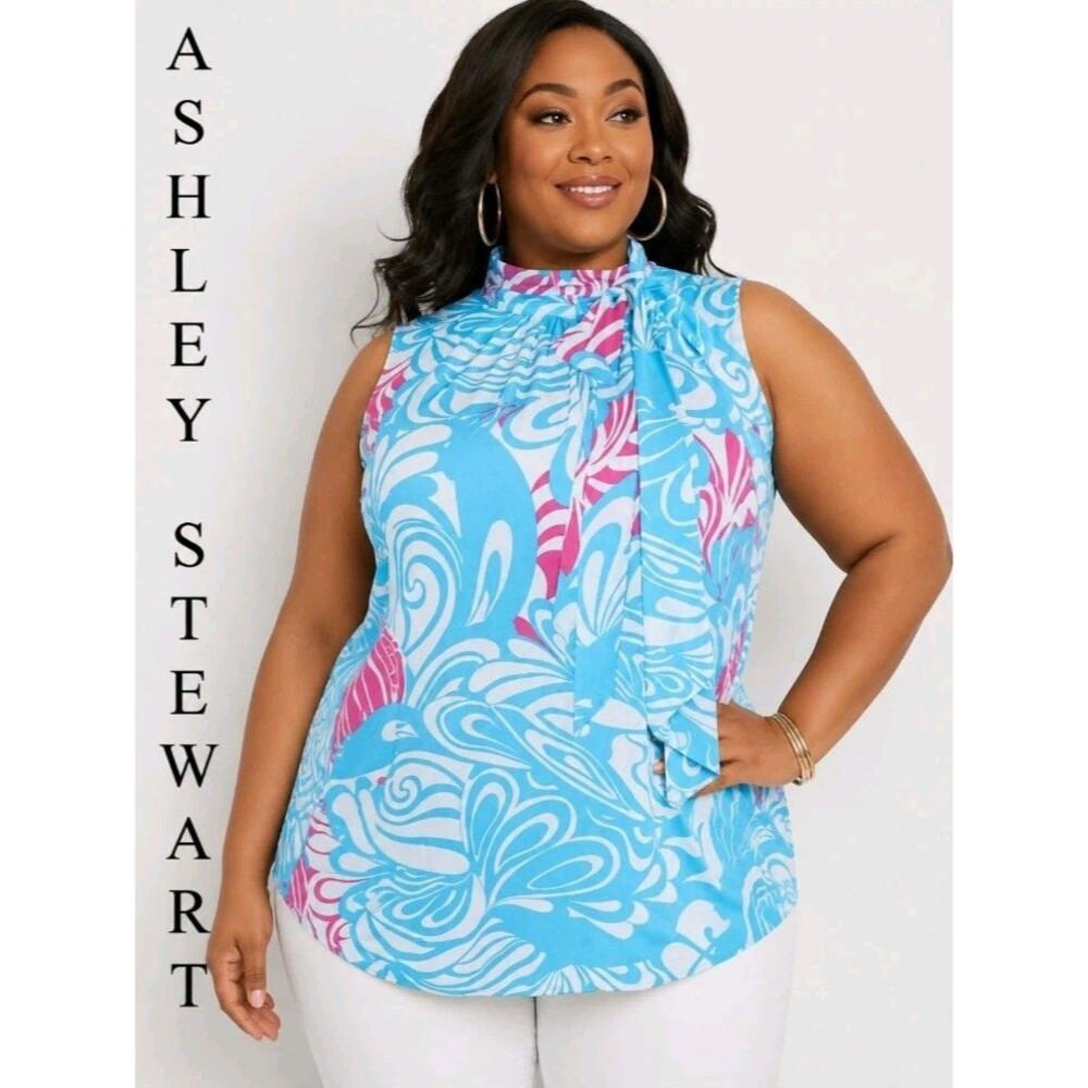 Ashley Stewart Womens 18/20W Retro Hippie Blue Print Sleeveless Scarf Tunic Top